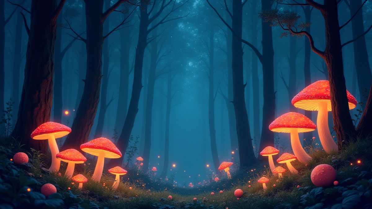 Un bosque resplandeciente lleno de setas mágicas y estrellas brillantes en el cielo.