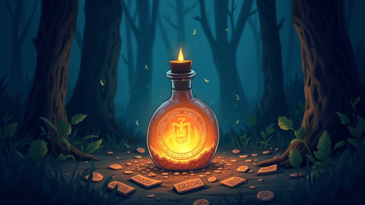 Botella de poción brillante rodeada de runas místicas en un bosque oscuro.