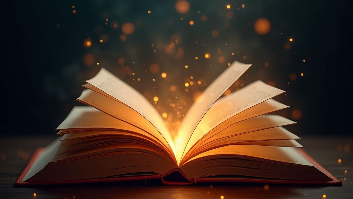 Libro encantado con páginas brillantes flotando en el aire.