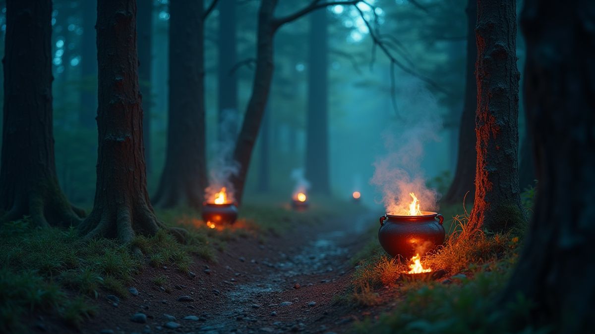 Une forêt mystique pleine de chaudrons bouillonnants et de potions magiques.