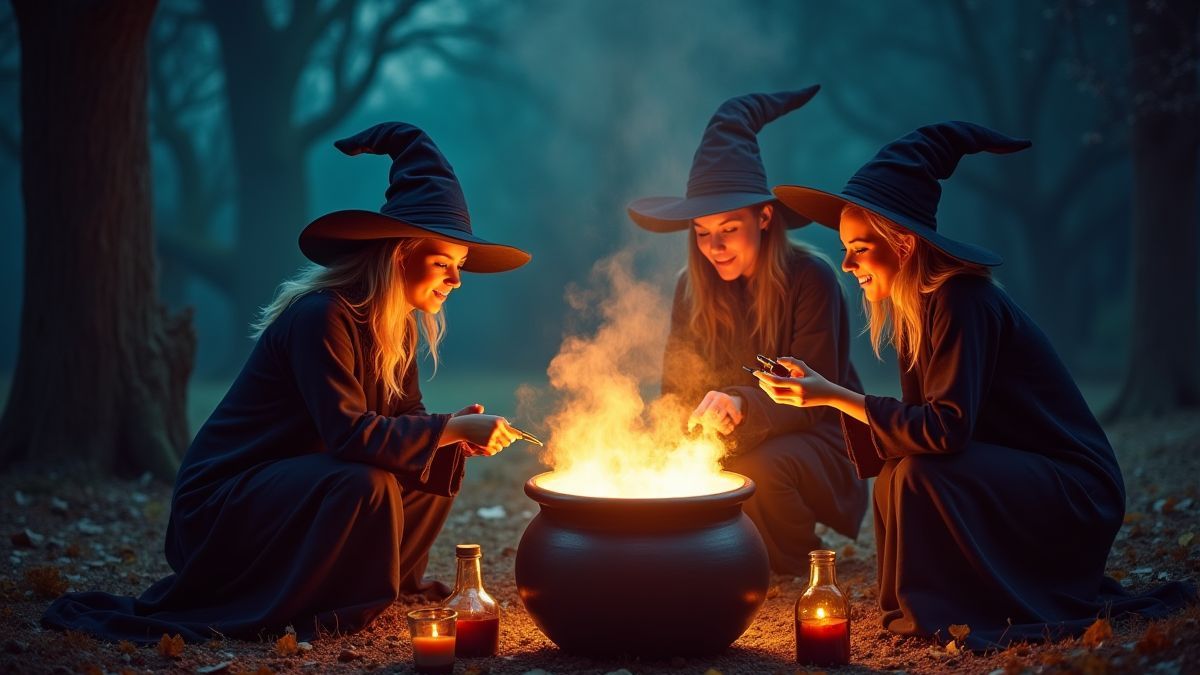 Trois sorcières préparant des potions magiques dans un chaudron illuminé.