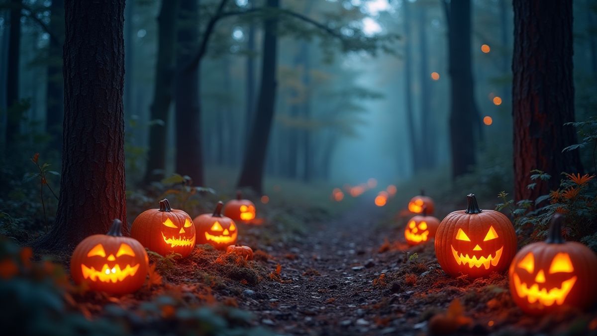 Une forêt avec des citrouilles brillantes et des éléments magiques.