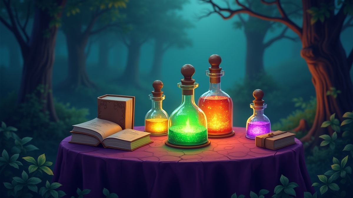 Mesa mágica con pociones y libros de hechizos en un bosque encantado.