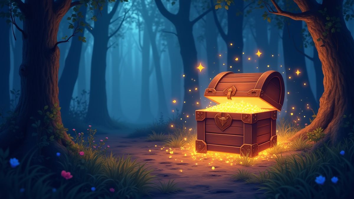 Cofre del tesoro brillante rodeado de destellos mágicos en un bosque místico.