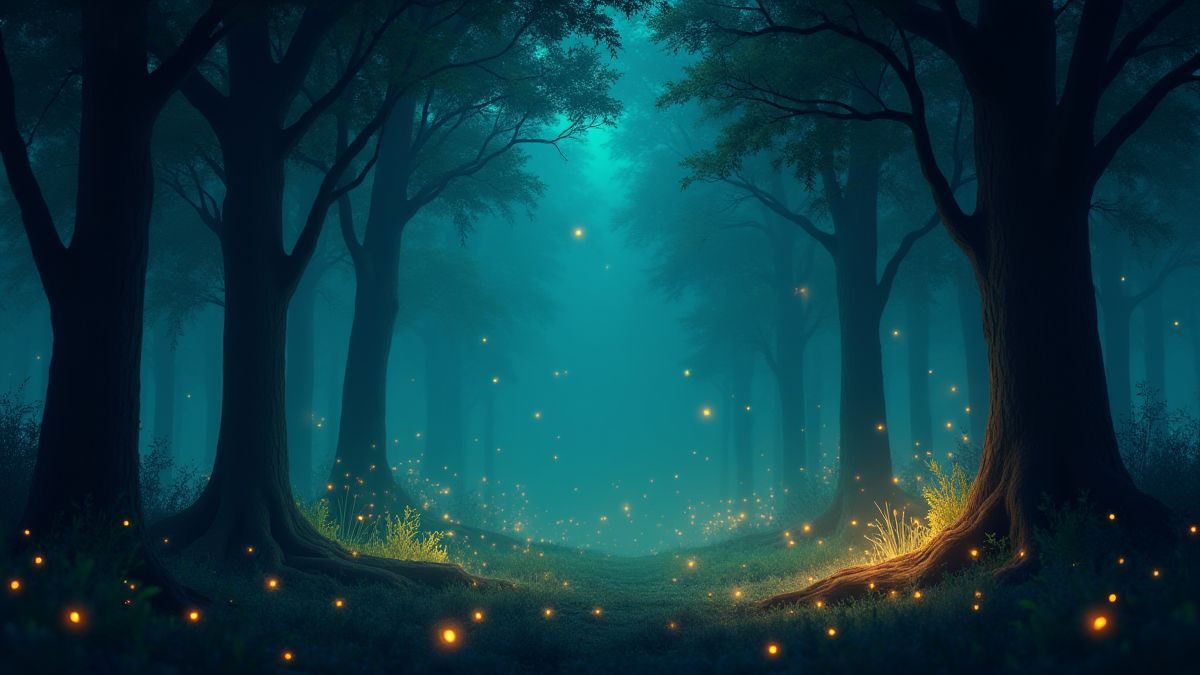 Bosque mágico brillante con luciérnagas y árboles encantados.