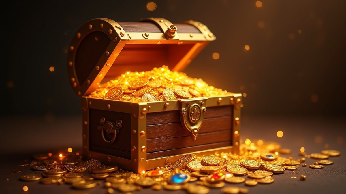 Un cofre del tesoro resplandeciente lleno de monedas de oro y joyas.