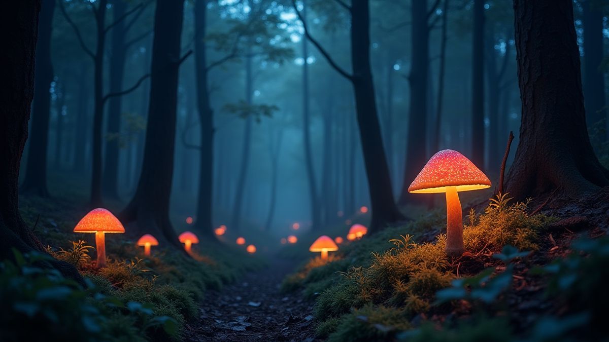 Un bosque encantado oscuro con setas brillantes y estrellas centelleantes.