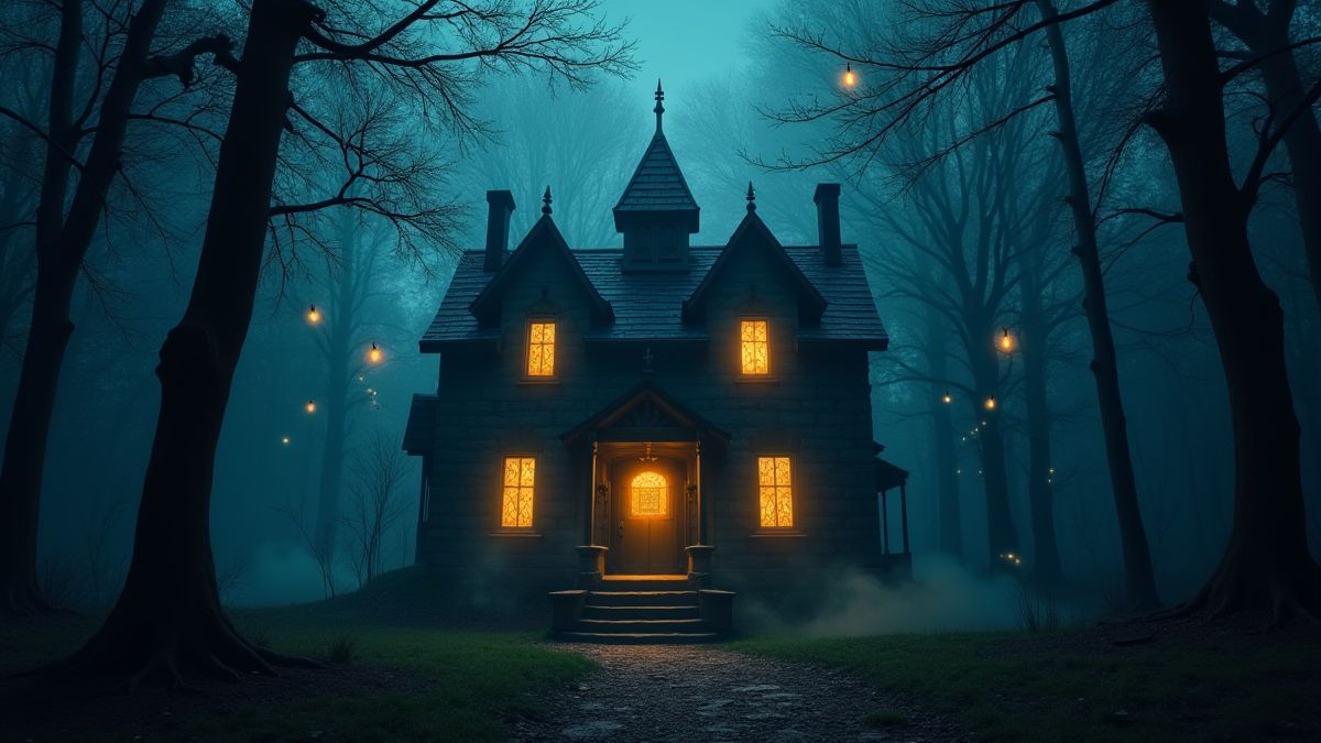 Een spookhuis omringd door magische symbolen in een donker bos.