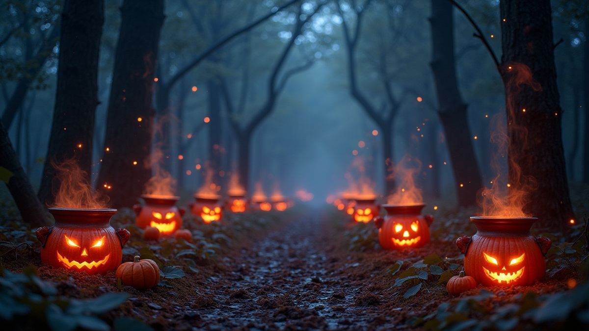 A magical forest with radiant cauldrons.