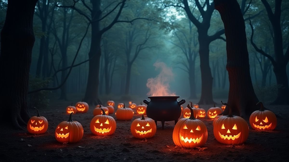 Glowing pumpkins and bubbling cauldrons in an enchanted forest.