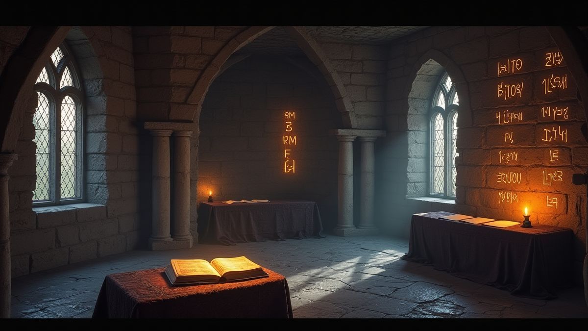 Interior de un castillo mágico con runas brillantes y un libro de hechizos.