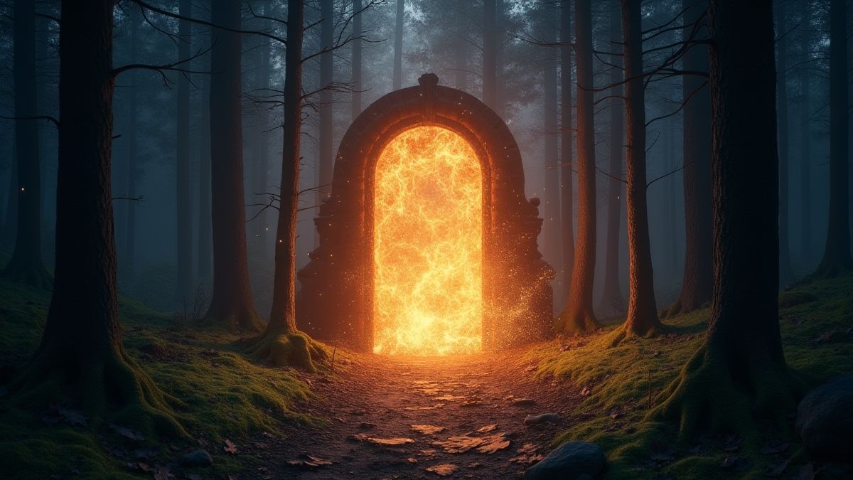 Portal mágico brillando en un bosque oscuro.