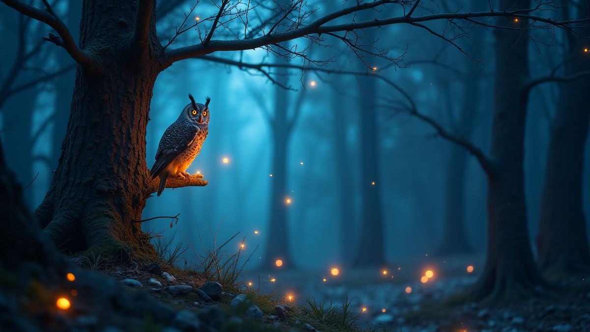 Uma floresta mágica com um búho em um galho.