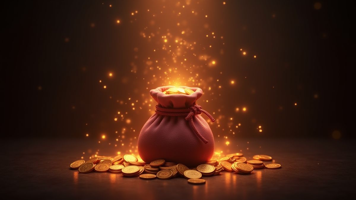 Bolsa de moedas mágica com luzes brilhantes.