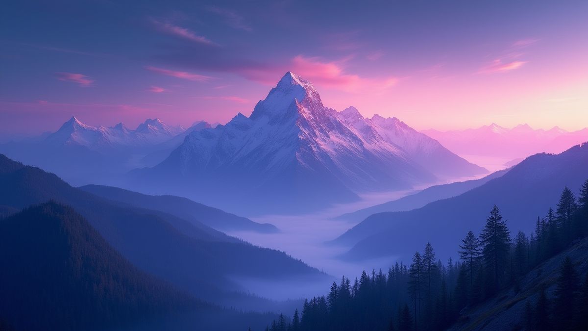 Montañas mágicas bajo un cielo crepuscular.