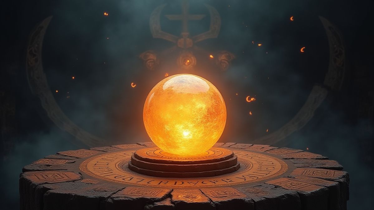 Bola de cristal brillante en una mesa antigua con runas mágicas.