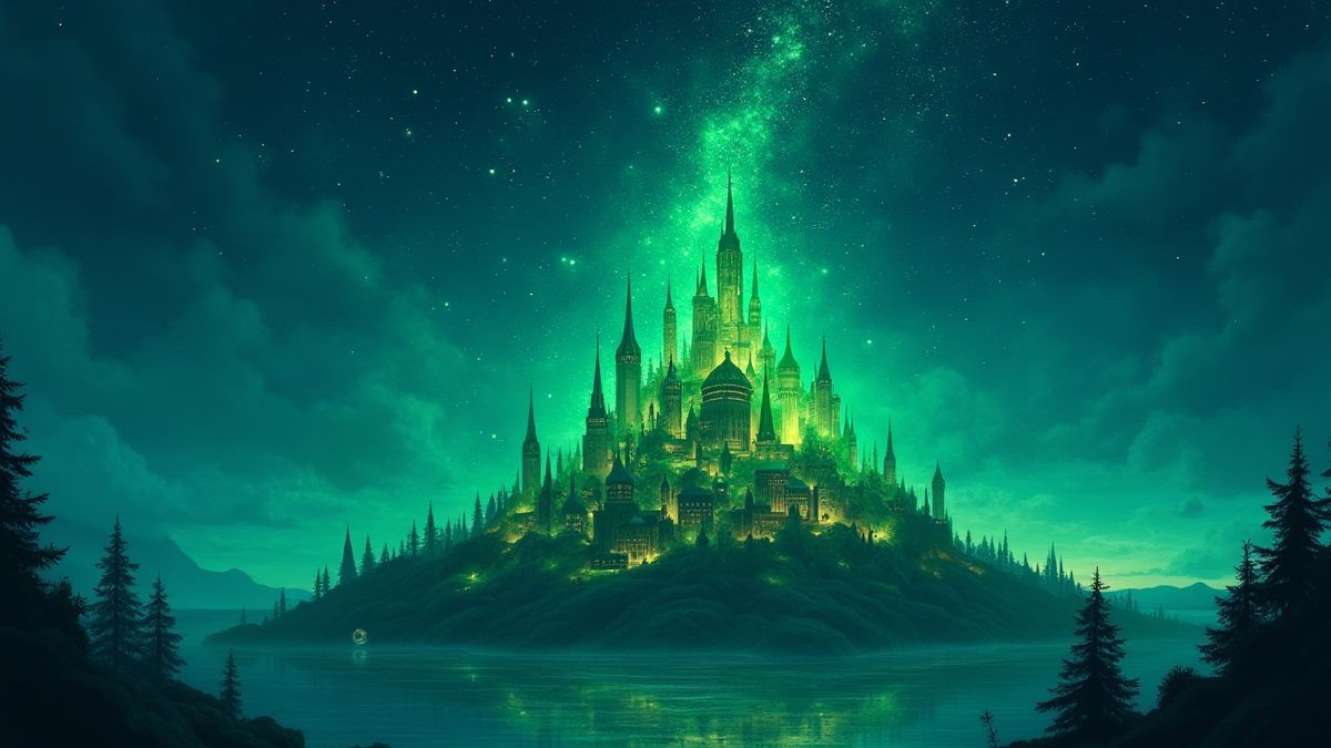 Uma cidade mágica rodeada de estrelas e brilhos.
