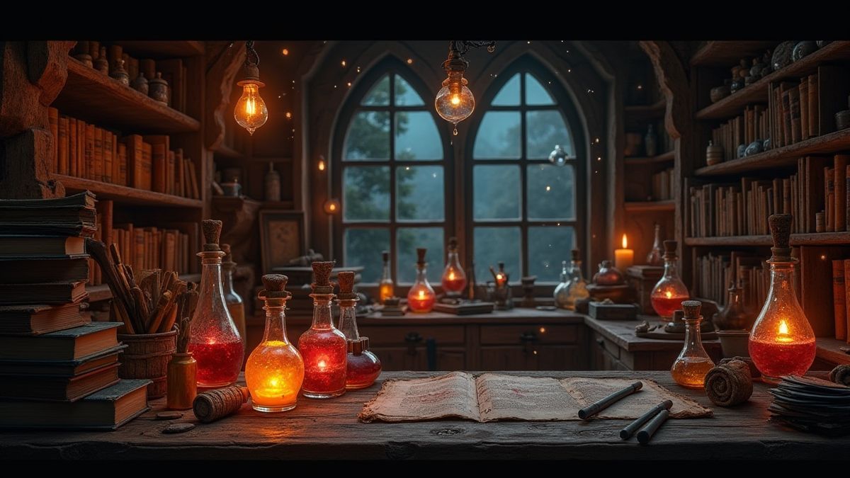 Un taller mágico lleno de pociones y libros de hechizos.