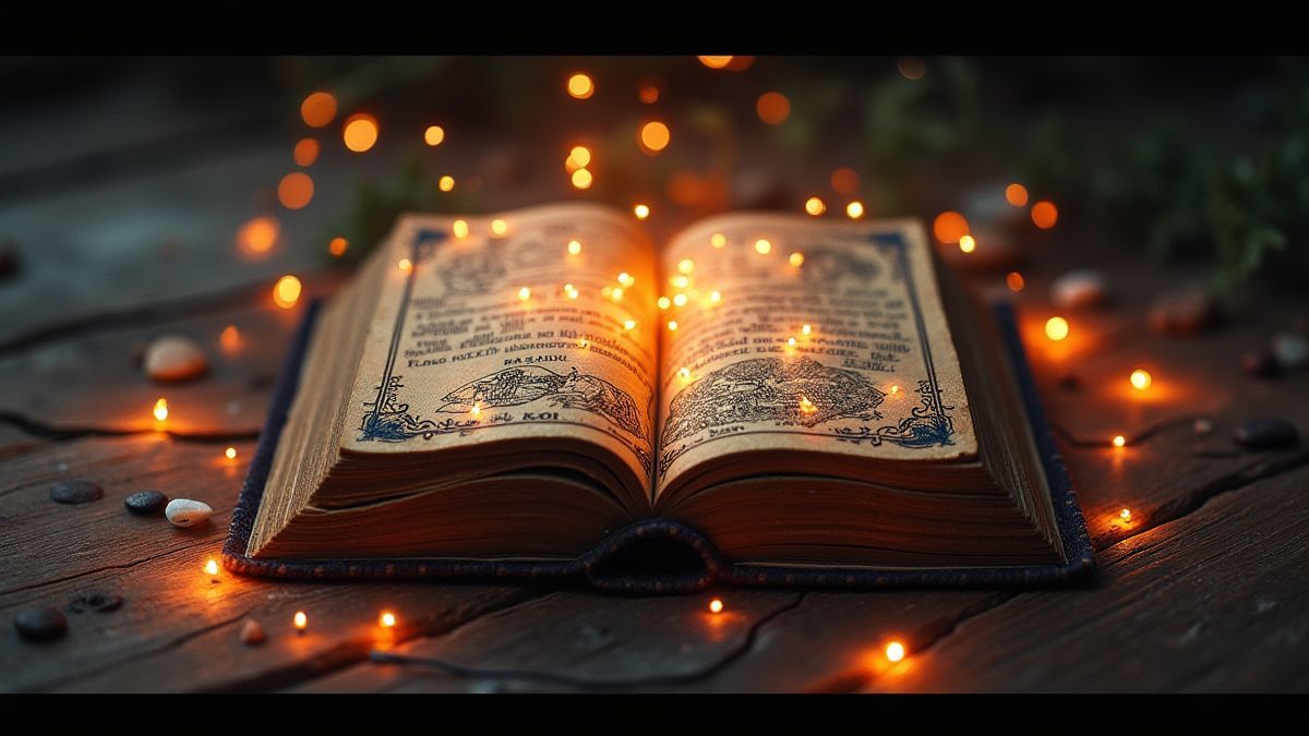 Un grimoire magique entouré de symboles brillants.