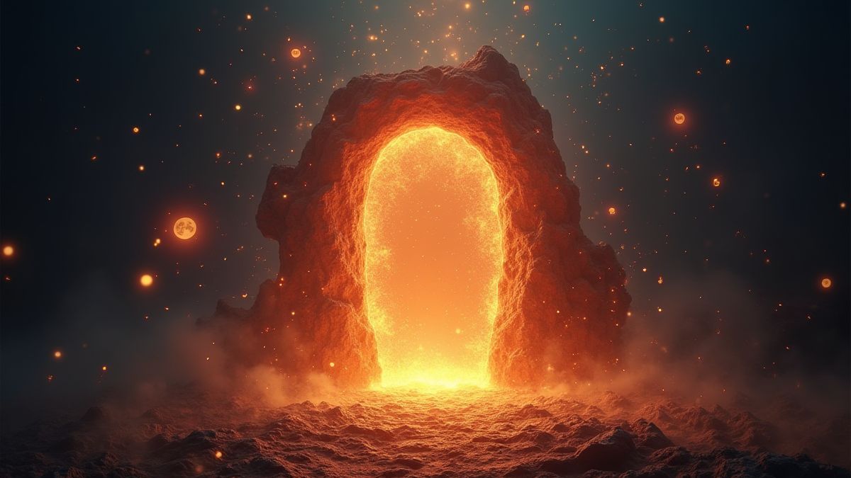 Un portail magique avec des runes flottantes.