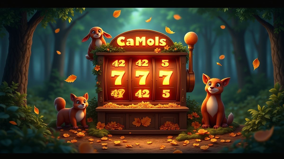 Interface de uma máquina caça-níqueis luminosa cercada por elementos da floresta como folhas e animais.