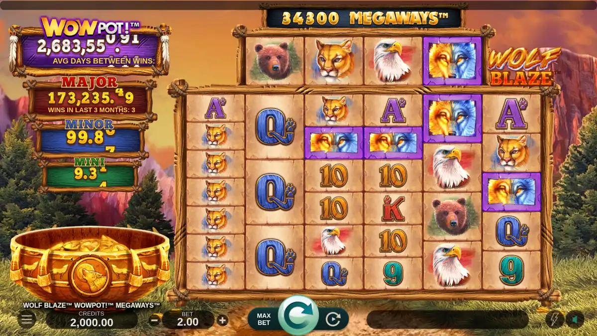 Pantalla del juego base de Wolf Blaze WOWPOT! Megaways con los medidores del jackpot WowPot