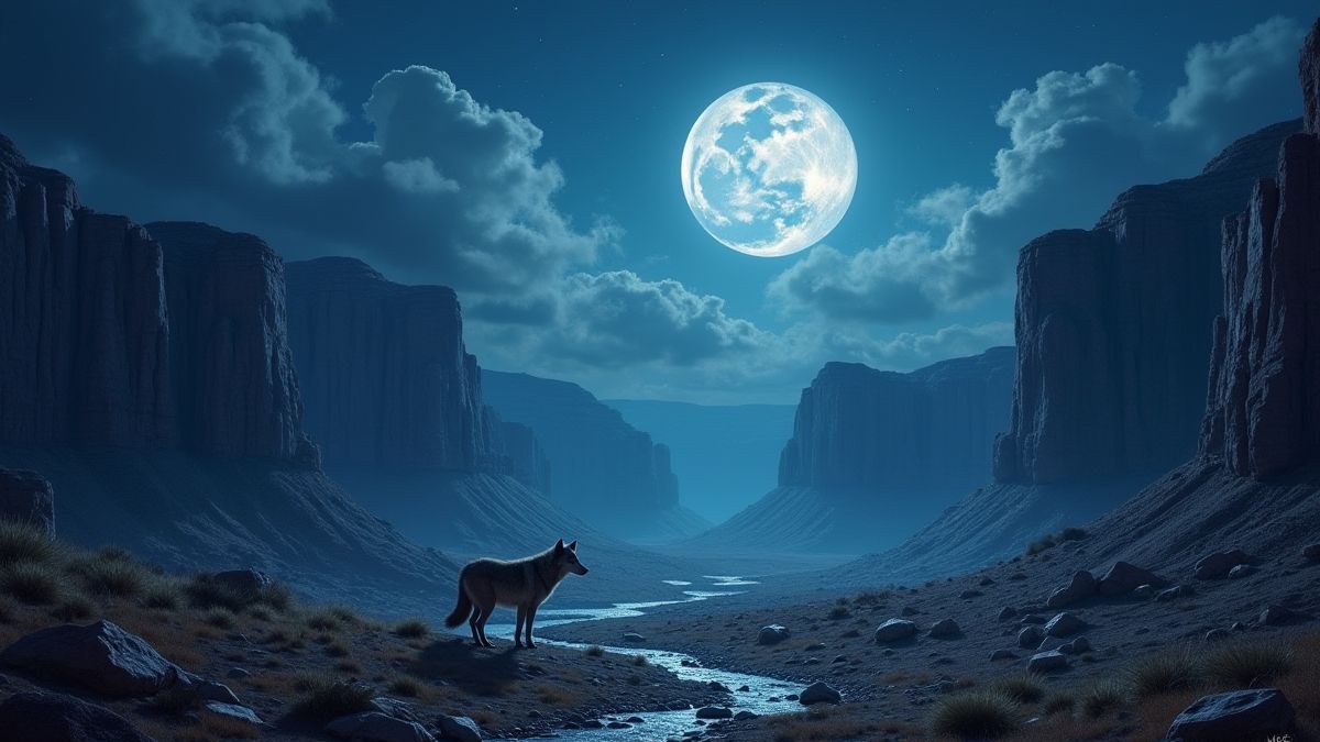 Canyon verlicht door de maan met wolven die rennen en inheemse Amerikaanse symbolen.