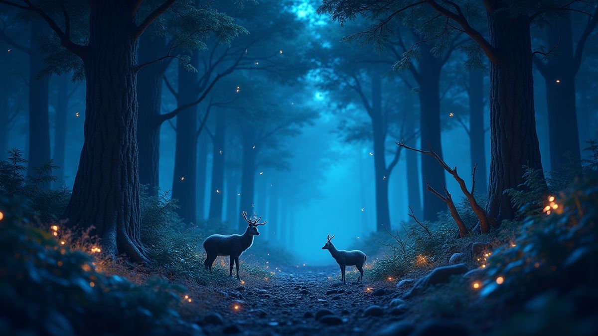 Nachtelijke bos scène met gloeiende fauna en zwevende muzikale noten.