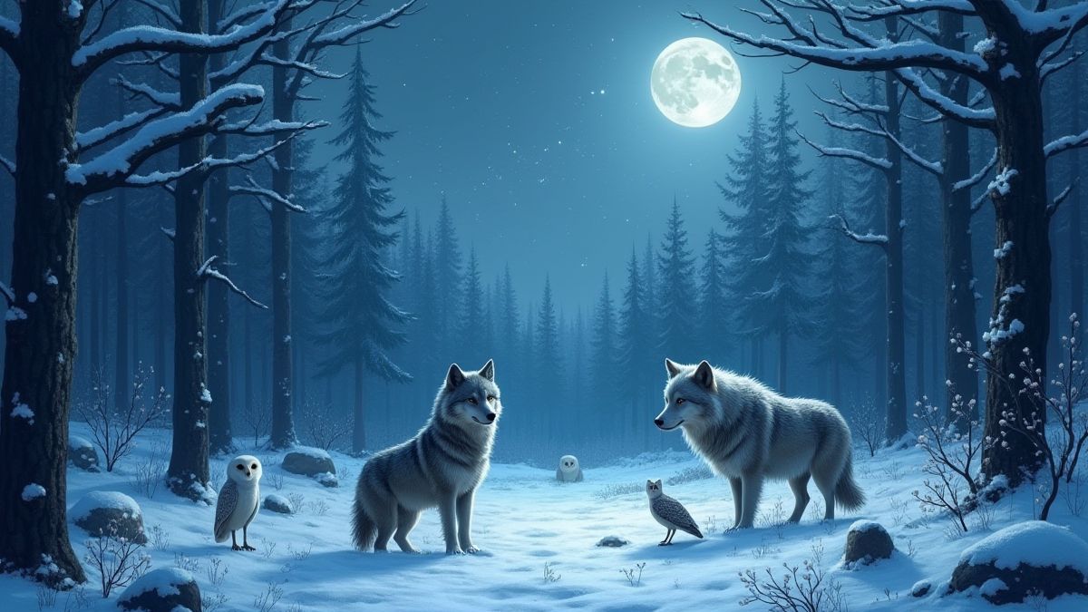 Sneeuwbedekt bos met dieren die onder het maanlicht spelen.