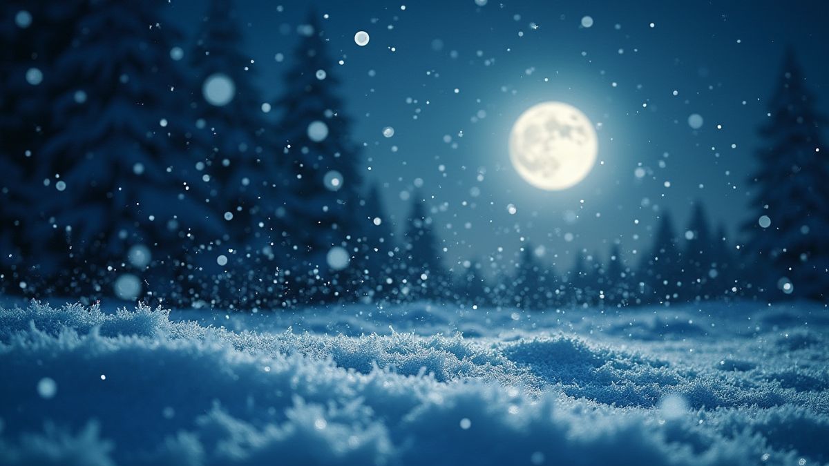 Magische sneeuwval scène met stralend maanlicht.