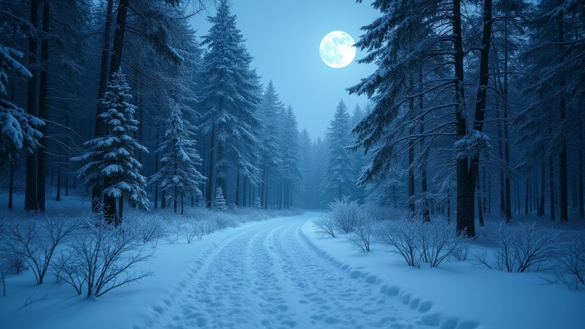 Rustig bos bedekt met sneeuw met zichtbare sporen van dieren.