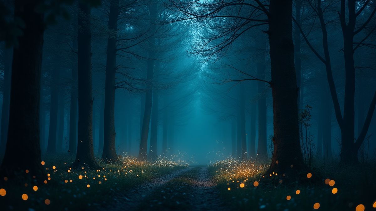 Ein ruhiger Wald bei Nacht mit leuchtenden Glühwürmchen.