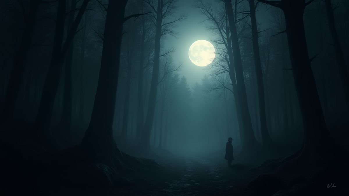 Ein strahlender Mond in einem dunklen Wald mit geheimnisvollen Schatten.