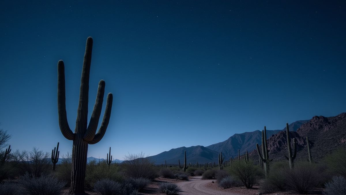 Paisagem desértica com cactos e um céu estrelado.