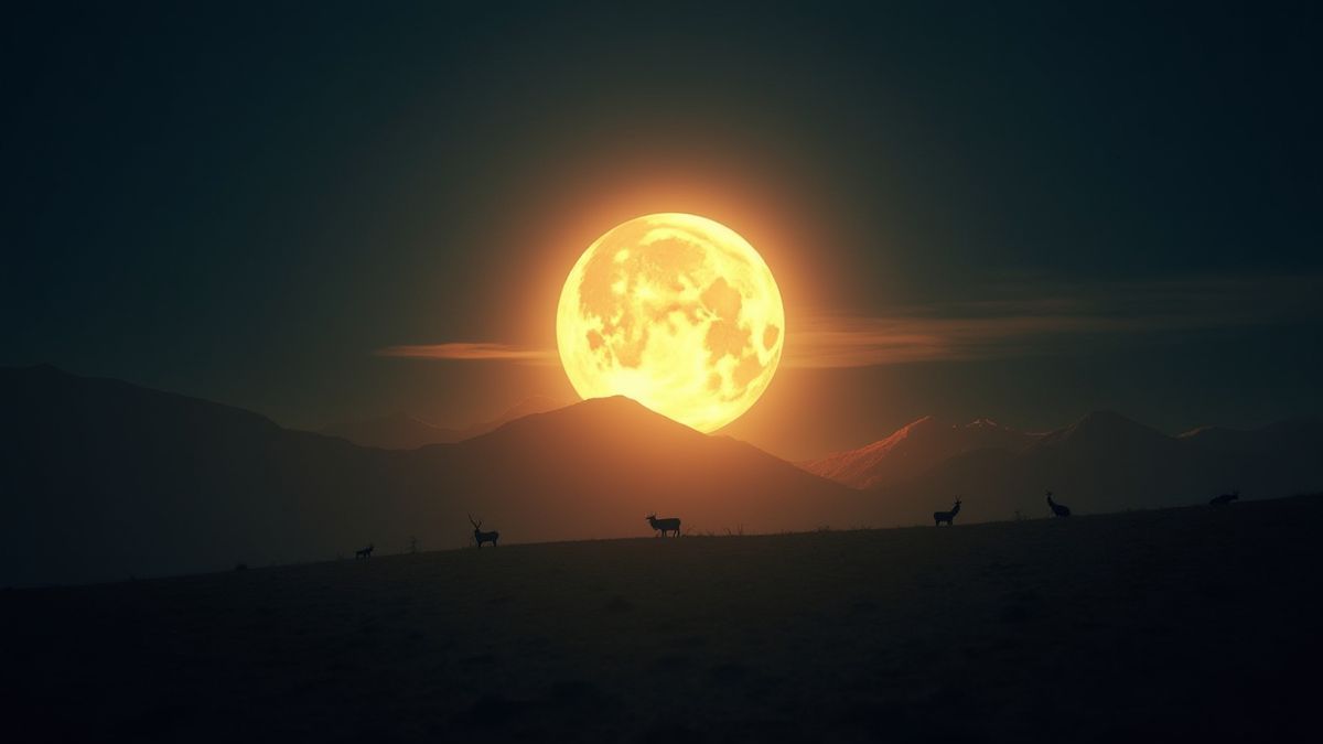 Lua cheia iluminando um deserto com silhuetas de animais.