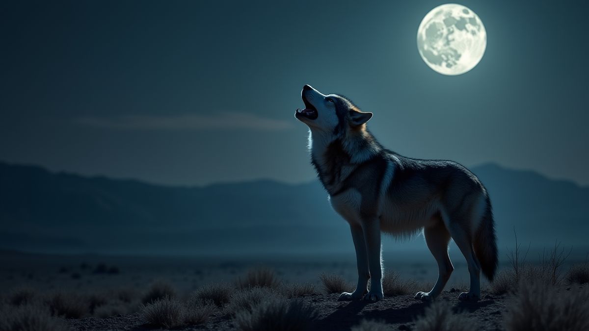 Um lobo majestoso uivando sob a lua cheia no deserto.