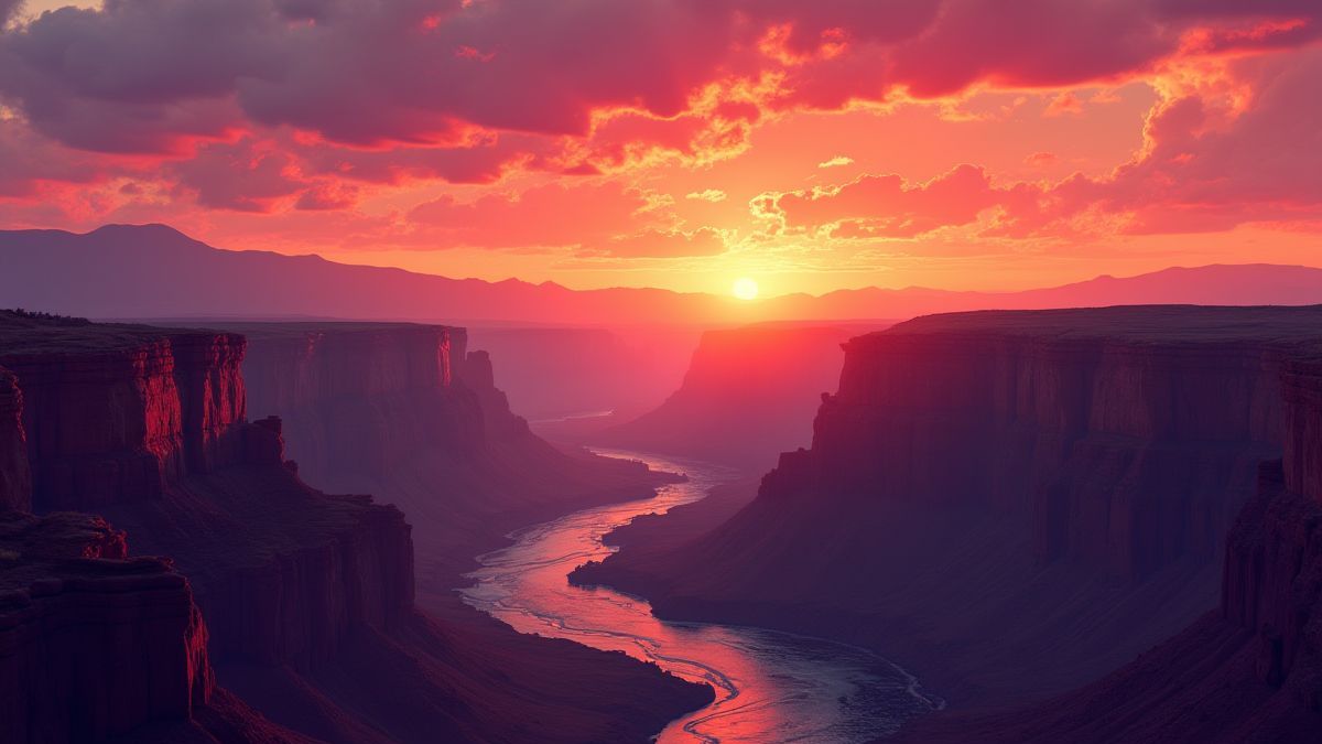 Um cânion ao pôr do sol com céus vibrantes em tons laranjas e púrpuras.