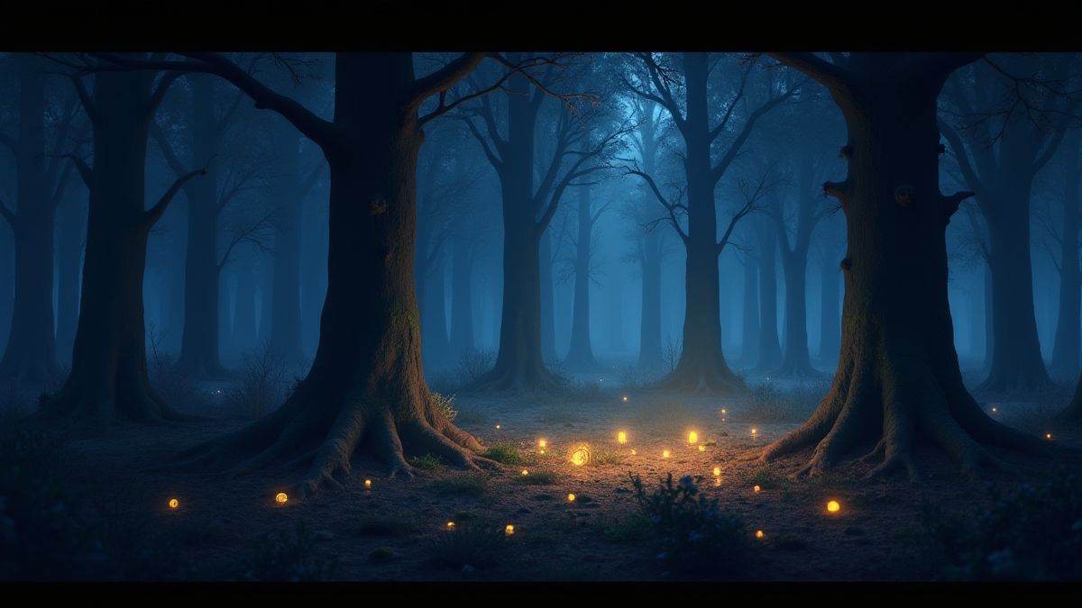 Moonlit forest full of mysterious symbols.