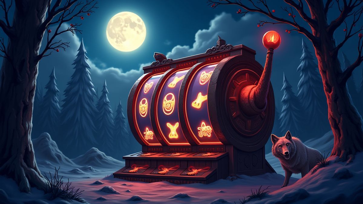 Slot machine spinning with wolves and symbols under the moon.