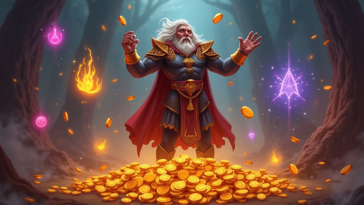 Victorious player with shining coins and magical symbols.