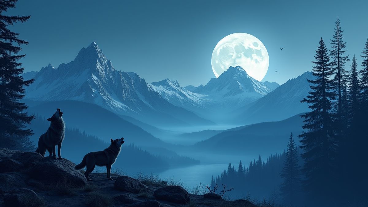 Uitzicht op de bergen van het Noordwesten van Amerika met wolven die naar de maan huilen.