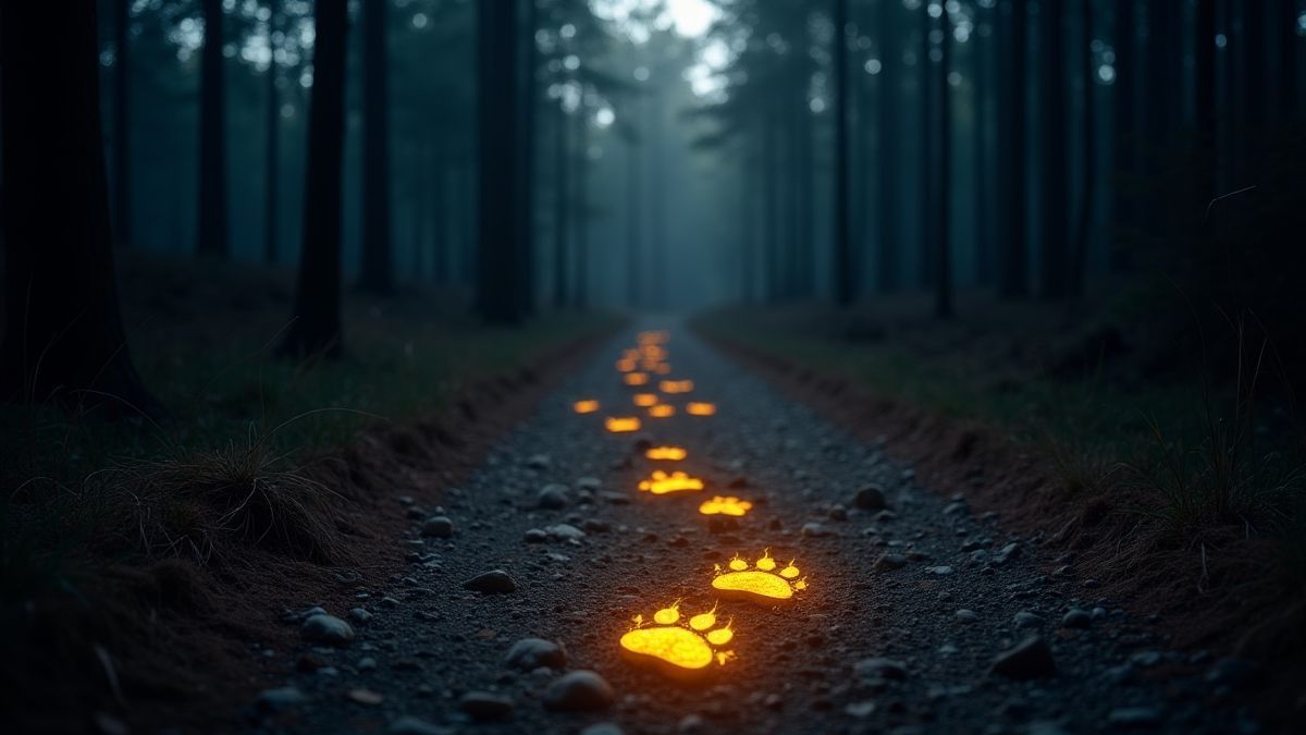 Gouden wolfspootafdrukken die schitteren op een bospad onder het maanlicht.