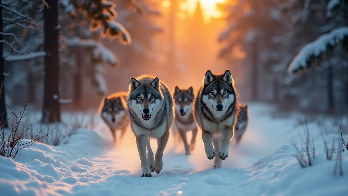 Een roedel wolven die door een besneeuwd bos rent bij zonsopgang.