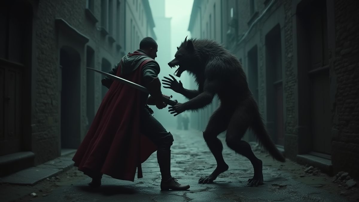 Een epische strijd tussen een middeleeuwse jager en een weerwolf in een donkere steeg.