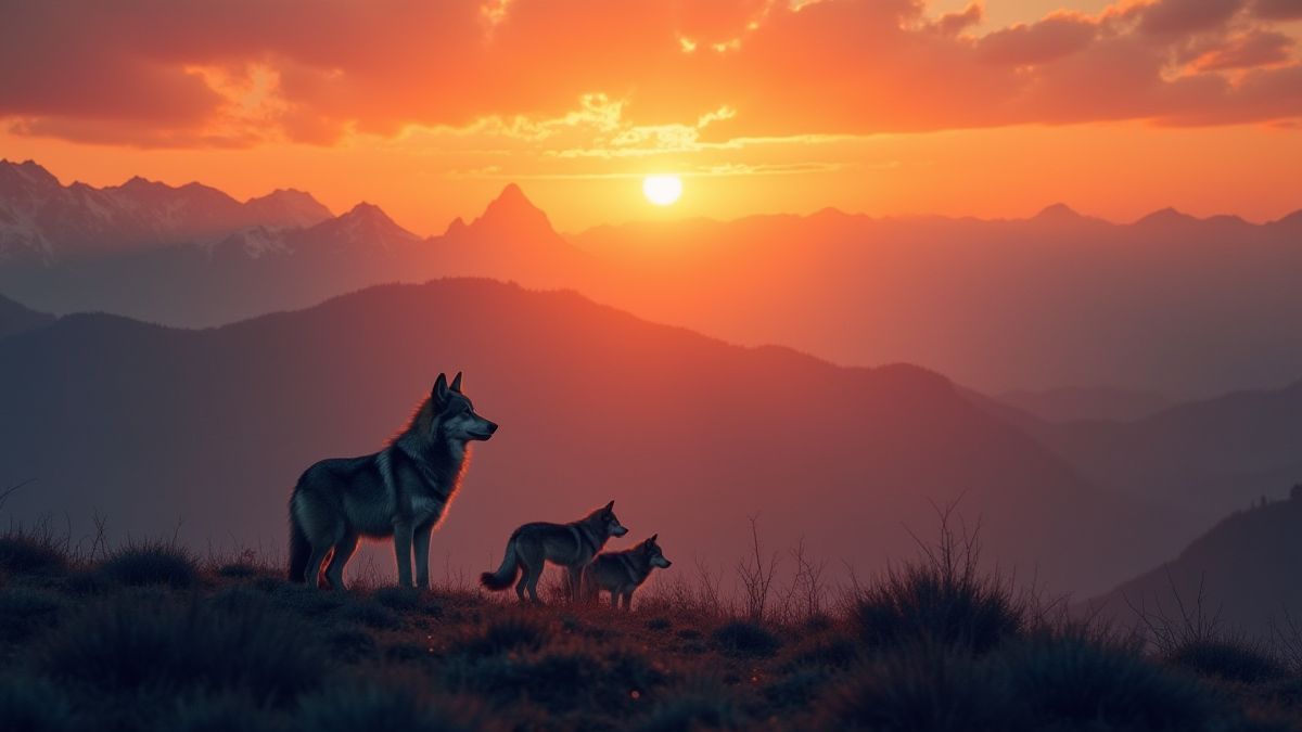 Paisaje montañoso al atardecer con cielo anaranjado y una manada de lobos.