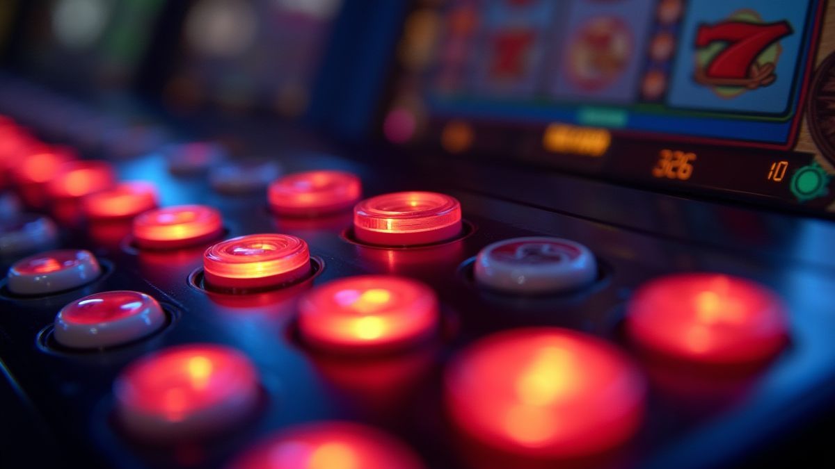 Vista cercana de una interfaz de máquina tragamonedas con botones brillantes.