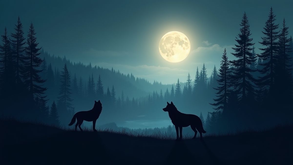 Une lune pleine brillante sur une forêt avec des loups en silhouette.