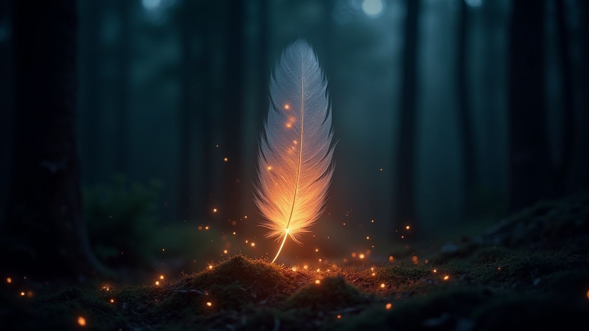 Un talisman de plumes mystique brillant dans une forêt sombre avec des étincelles magiques.