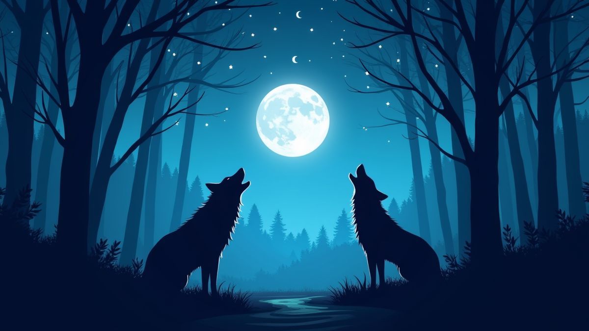 Bosque iluminado pela lua com lobos aulando sob as estrelas.