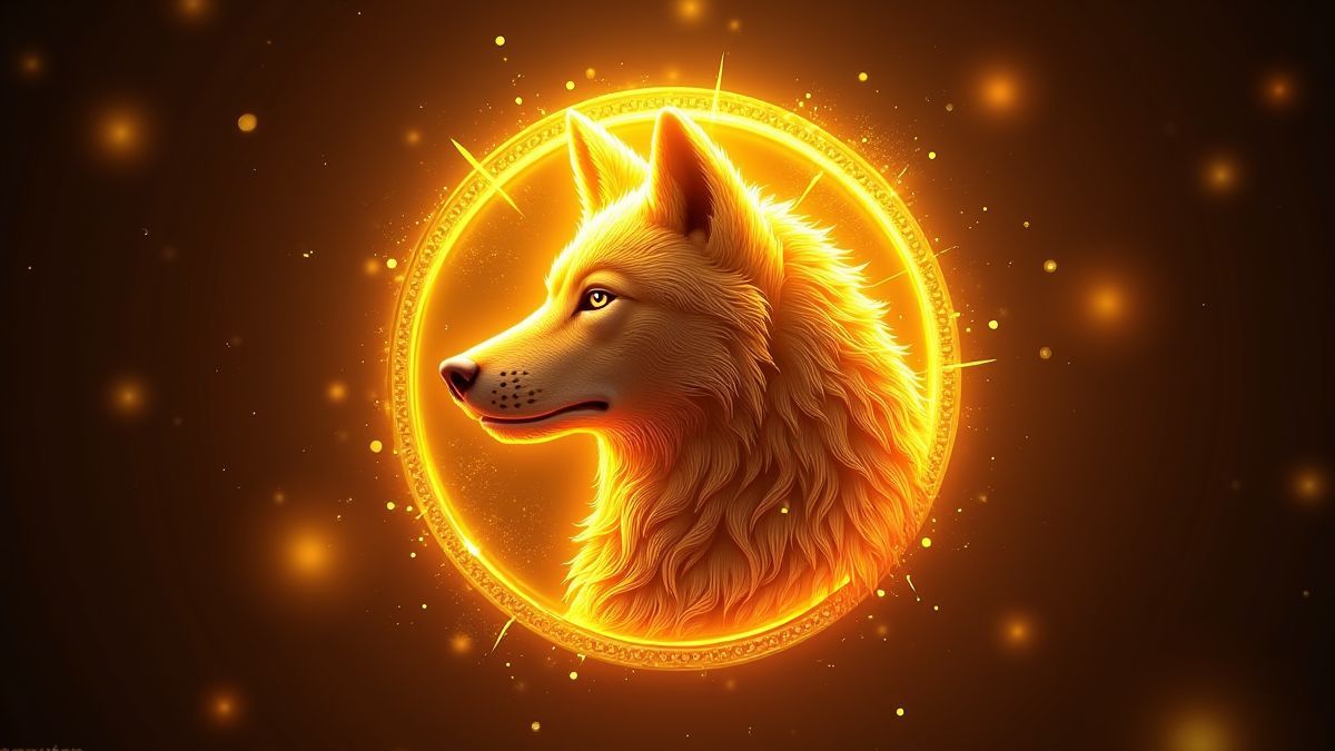 Moeda de lobo dourada brilhante rodeada de efeitos resplandecentes.